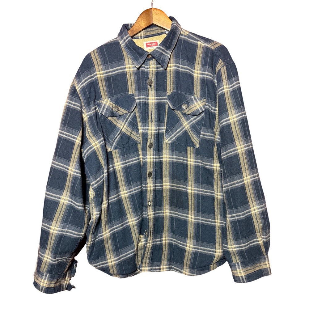 Wrangler‎ Men XL Plaid Flannel Sherpa Lined Flannel Blue Shirt Jacket Thrashed